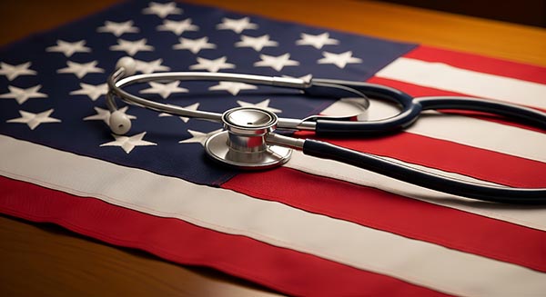 stethoscope on top of American flag